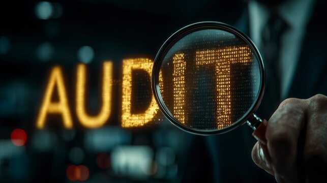 Auditing and Data Analysis A Magnifying Glass Reveals Binary Code Behind the Word AUDIT Highl - Powered by Adobe
