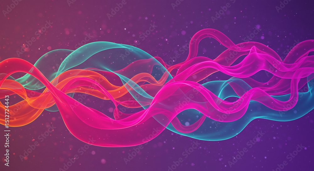 Poster intertwining bands of pink, teal, and orange light flow like vibrant waves across frame. dynamic abs