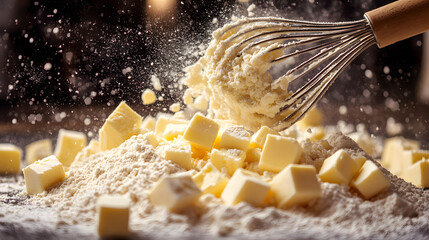 A whisk in action above a collection of flour and butter cubes, ready for mixing, capturing the essence of baking and preparation for dough creation.