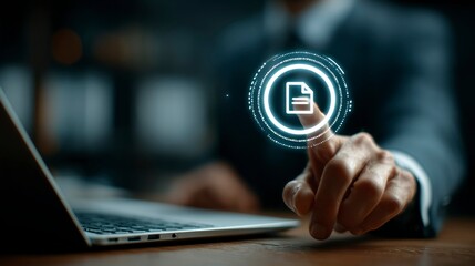 Businessman interacting with a futuristic document icon symbolizing digital transformation and