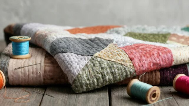 Handmade patchwork quilt with sewing supplies on rustic wooden table