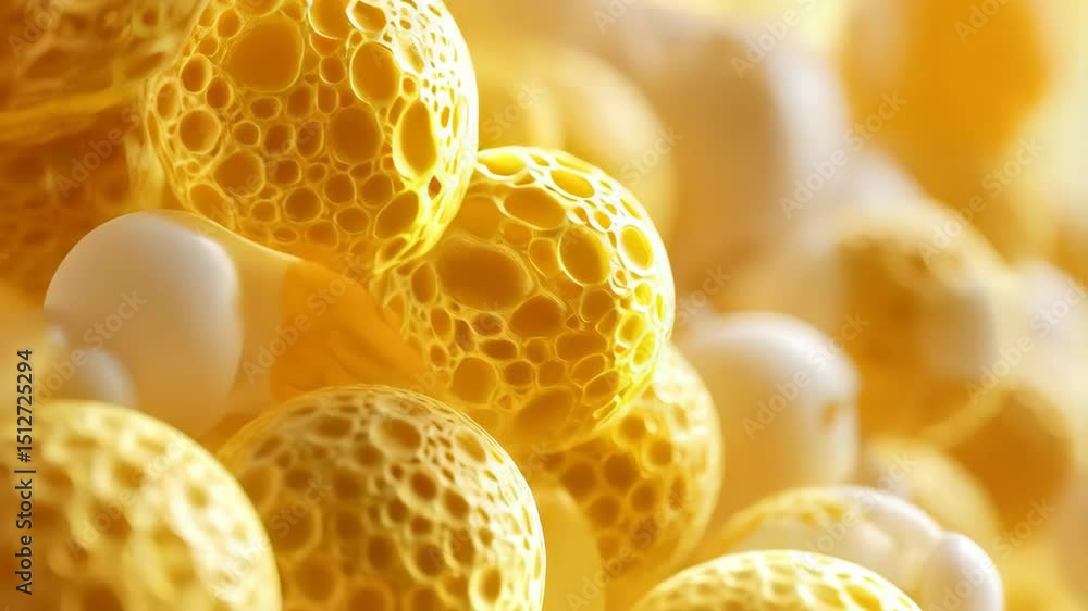 Poster abstract cellular structures with a golden hue and pitted surface, surrounded by smooth white sphere