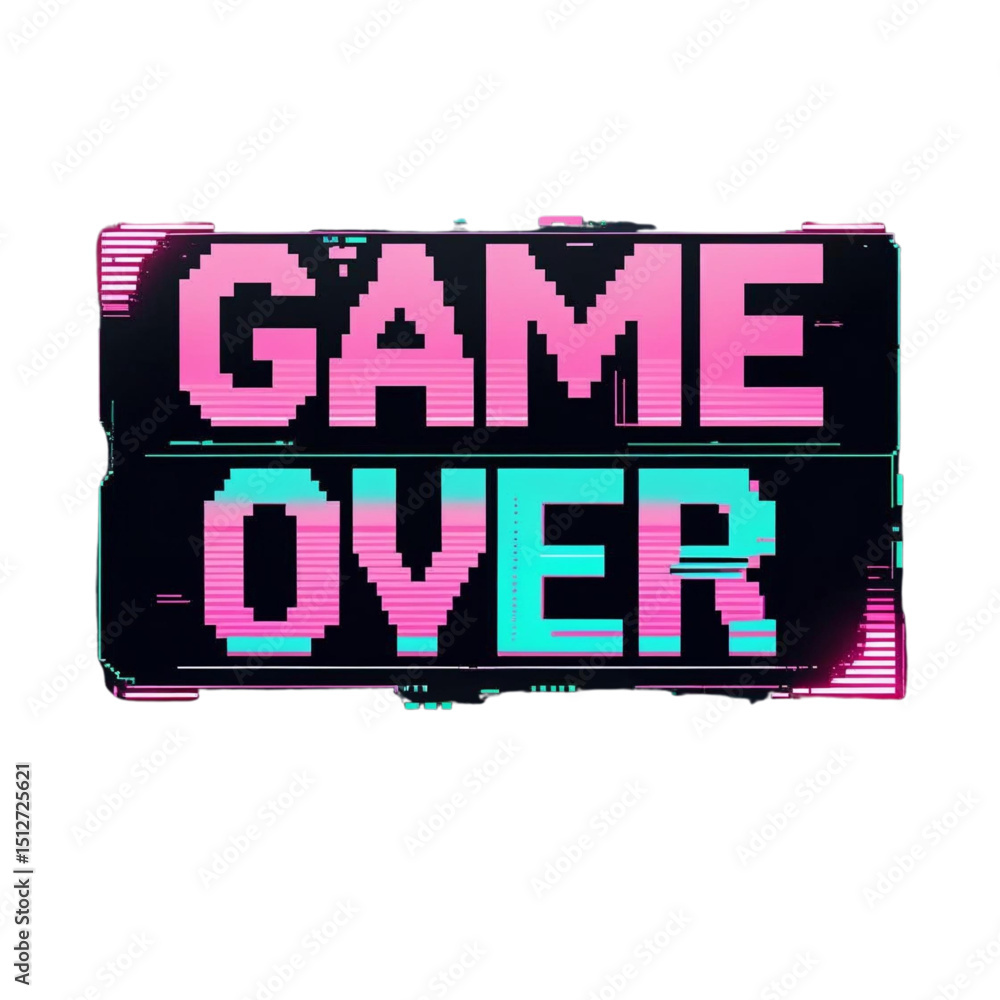 Poster game over pixel art design for arcade games and retro gaming with glitch effect and neon color style