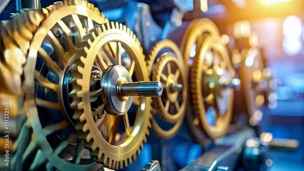Poster close-up of intricate golden gears rotating together within a complex mechanism, illustrating precis