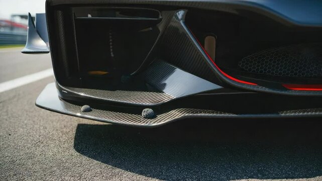 Close-up of racing car front splitter on track