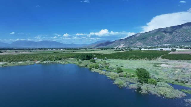 Aerial farm fruit orchard Utah mountain valley pull 3 4K. Orchard, farms and rural ranch property. Lake used for irrigation and recreation. Rural landscape in mountain valley. Agricultural. 