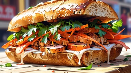 Anime Food: Asian Fusion Pork Sandwich with Melted White Cheese, Carrots, and Hot Peppers

