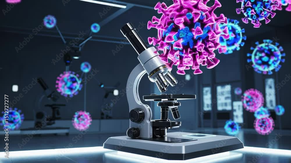 Poster microscope focus on viral analysis: exploring microscopic worlds with dynamic virus particle visuali
