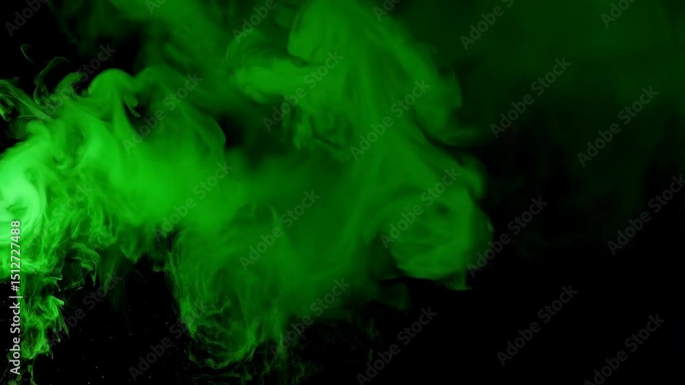 Poster abstract background with swirling green smoke patterns, ethereal movement against dark void, vivid a