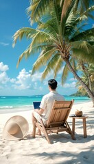 4K Ultra-Realistic Photo of a Person Working on Laptop from Wooden Lounge Chair at Tropical Beach with Coconut Drink, Palm Trees, and Relaxed Seaside Digital Nomad Atmosphere. Face Not Visible