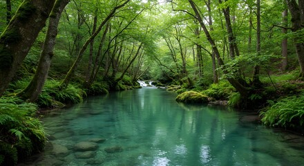 Obraz premium Clear turquoise river flows through lush green forest, creating a peaceful and refreshing natural landscape