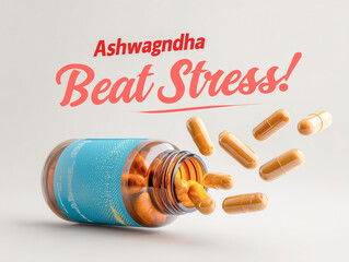 Spilling out of a bottle, ashwagandha supplement capsules highlight their potential for alleviating stress and promoting relaxation, embodying a natural remedy for anxiety and wellness.