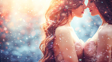 Fototapeta premium Two women embracing in a dreamy atmosphere with soft lights and sparkling bokeh effects