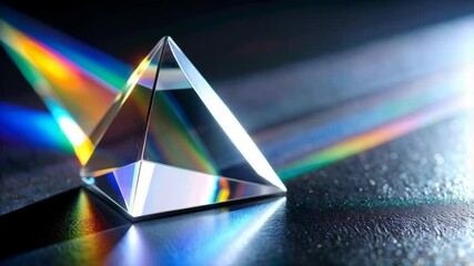 Optical glass triangular prism refracts light into a full spectrum of colors on dark surface, crystal science physics experiment - Powered by Adobe