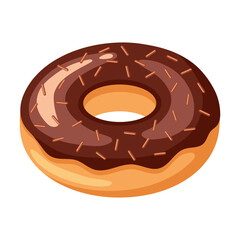 Cartoon-style donut with rich chocolate glaze and brown sprinkles. Tasty, sweet, appetizing and colorful dessert icon isolated on white background. Flat vector.