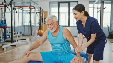Senior Man Doing Physical Therapy Exercises with a Therapist in a Gym