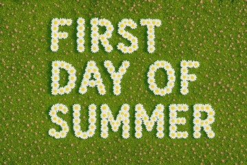 First day of summer poster made of daisies in a meadow – a postcard created by nature and artificial intelligence