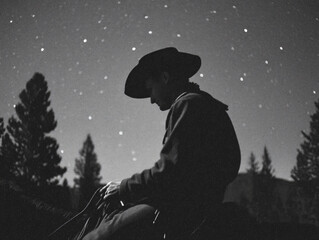Cowboy Horse Silhouette Night Sky Stars Western Landscape Moonlight Crossing Adventure Wilderness Nature Secluded Horizon Equestrian Reflection Timeless Solitude Stargazing Atmosphere
