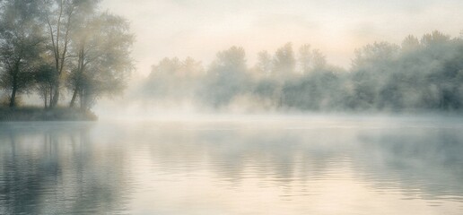 Fototapeta premium Misty Lake Reflection: Trees Silhouetted in Morning Fog, Calm Water Surface