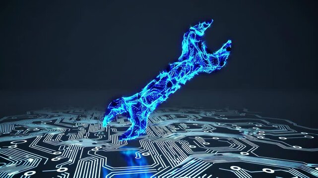 Electric neon wrench emerging from digital circuit board futuristic technology concept