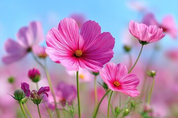 Fototapeta premium Pink Cosmos Flowers In Field