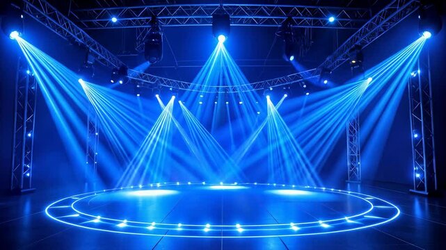 Illuminated circular platform with spotlights, stage rig, and trussing structure bathed in blue hues for an event or performance setup