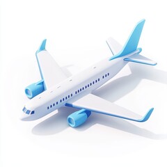 Isometric rendering of a stylized passenger jet, predominantly white with light-blue accents, casting a subtle shadow on a white background