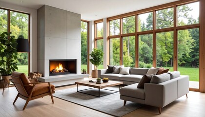 Fototapeta premium Modern living room with fireplace and large windows
