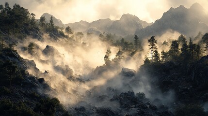 Misty Mountain Range with Pine Trees and Rocky Terrain Under a Cloudy Sky