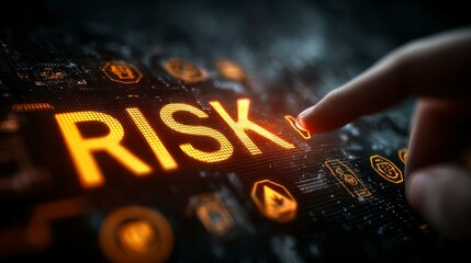 Finger Touching Illuminated RISK on Digital Screen Highlighting Financial and Cyber Security