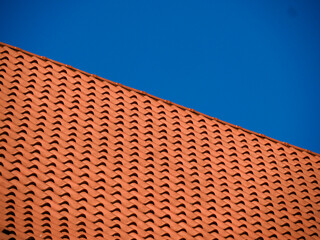 Repetitive pattern of red clay roof tiles creating geometric texture and architectural detail
