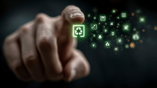 Finger Touching Recycling Icon with Environmental Symbols Floating in the Dark Background - Powered by Adobe