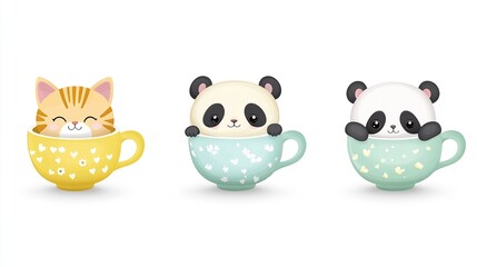Obraz premium Three adorable cartoon animals?a ginger tabby cat and two pandas?each nestled inside a different pastel-colored teacup adorned with tiny hearts and flowers