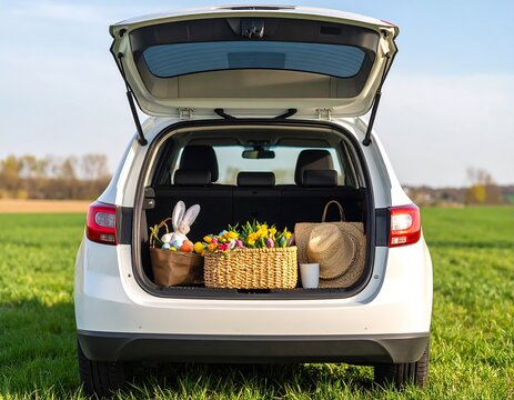 White car trunk, Easter baskets