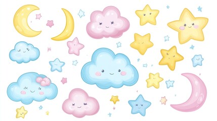 Cute cartoon clouds, stars, and moon