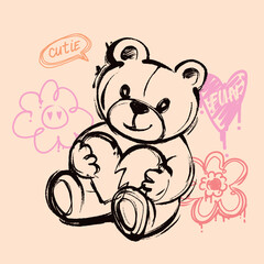 Cute teddy bear illustration in sketch style on beige background with heart, flowers. Romantic post card. Cute cartoon print of toy bear. graffiti teddy bear illustration in street art style