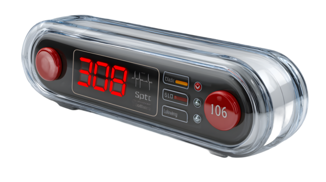 Digital Display Device with Red Buttons and Transparent Case