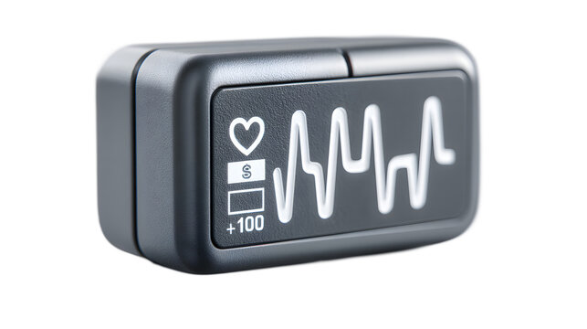 Digital Health Tracker Device Displaying Heart Rate and Data