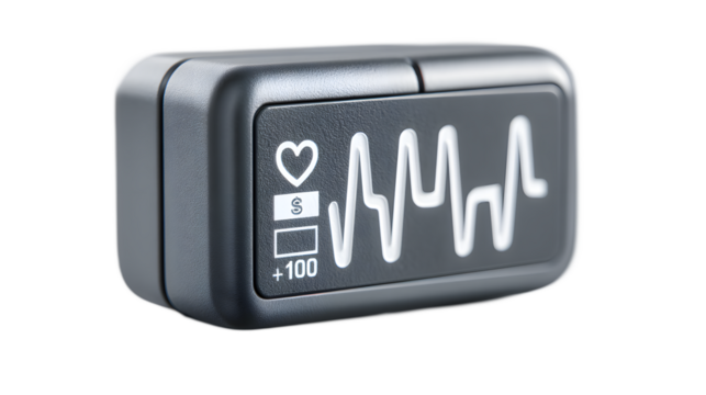 Digital Health Tracker Device Displaying Heart Rate and Data