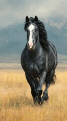 Fototapeta premium Majestic black horse galloping across golden plains under a cloudy sky in a serene landscape