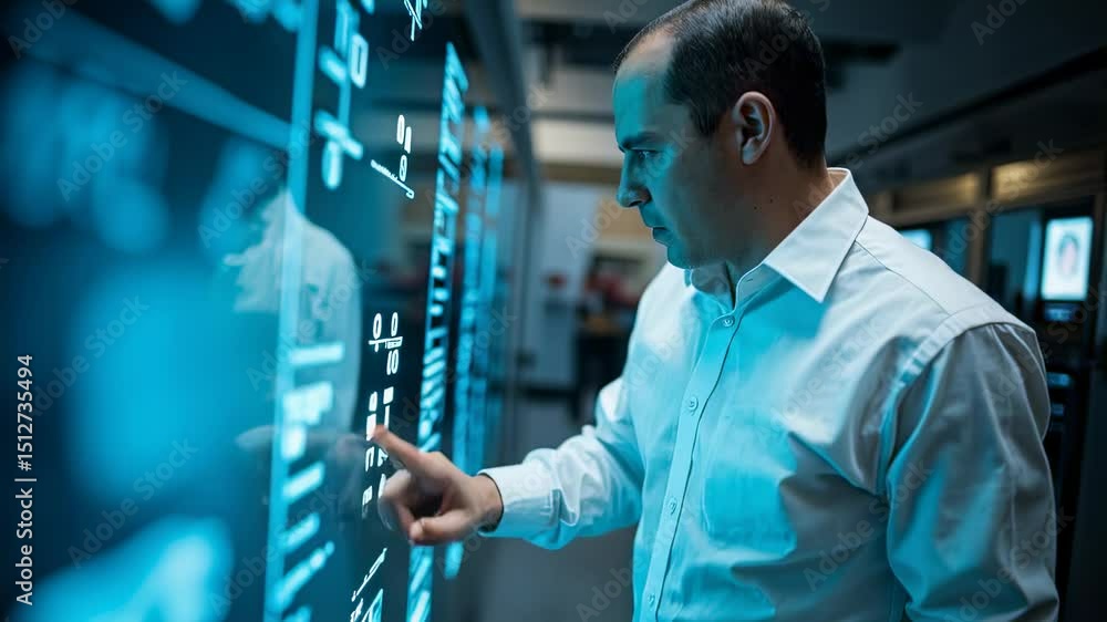 Poster man interacting with a large interactive display