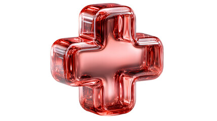 Red Glass Cross Symbol Shiny Reflective 3D Render Abstract Design Medical Icon