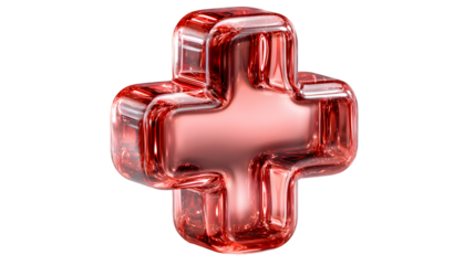 Red Glass Cross Symbol Shiny Reflective 3D Render Abstract Design Medical Icon