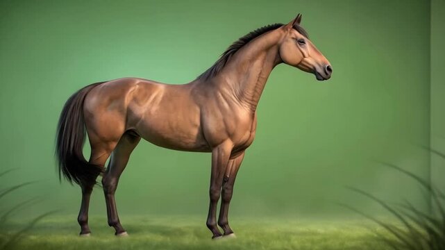 Brown standing horse clip art on green background in side view style