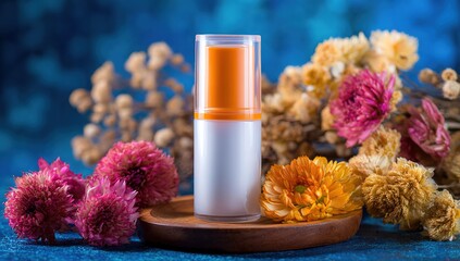 Orange And White Cosmetic Bottle Surrounded By Dried Flowers On A Wooden Plate