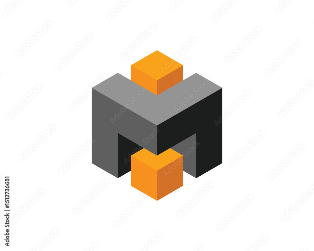 Poster abstract isometric 3d cube design. gray and orange blocks interlock, symbolizing connection, collabo