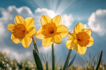 Fototapeta premium Three Daffodils In Sunlight