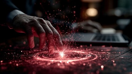 Hand Activating Futuristic Interface with Glowing Red Particles Technology and Innovation Conc