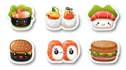 Cute cartoon sushi and burgers