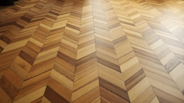 A close up of a wooden floor with a chevron pattern design in a light and airy environment background texture video